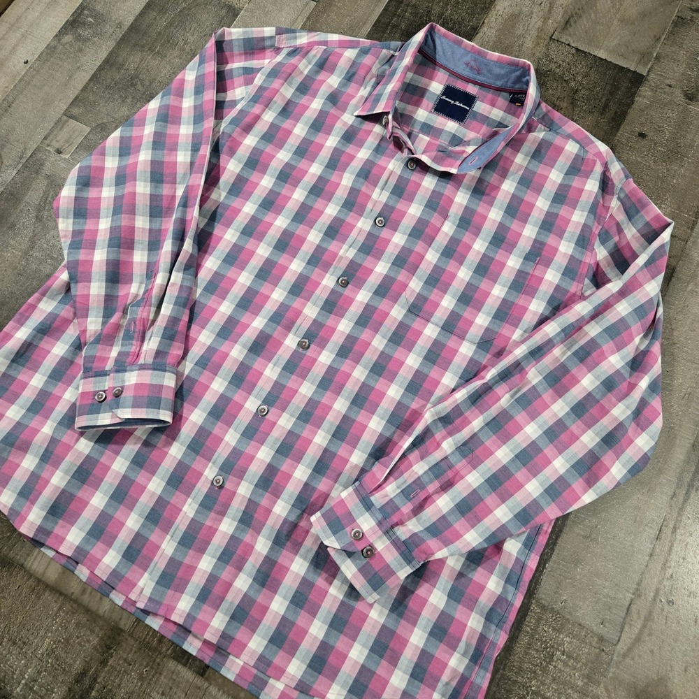 Tommy Bahama Shirt Mens XXL Pink Blue Plaid Cotton Silk Long Sleeve Button Up